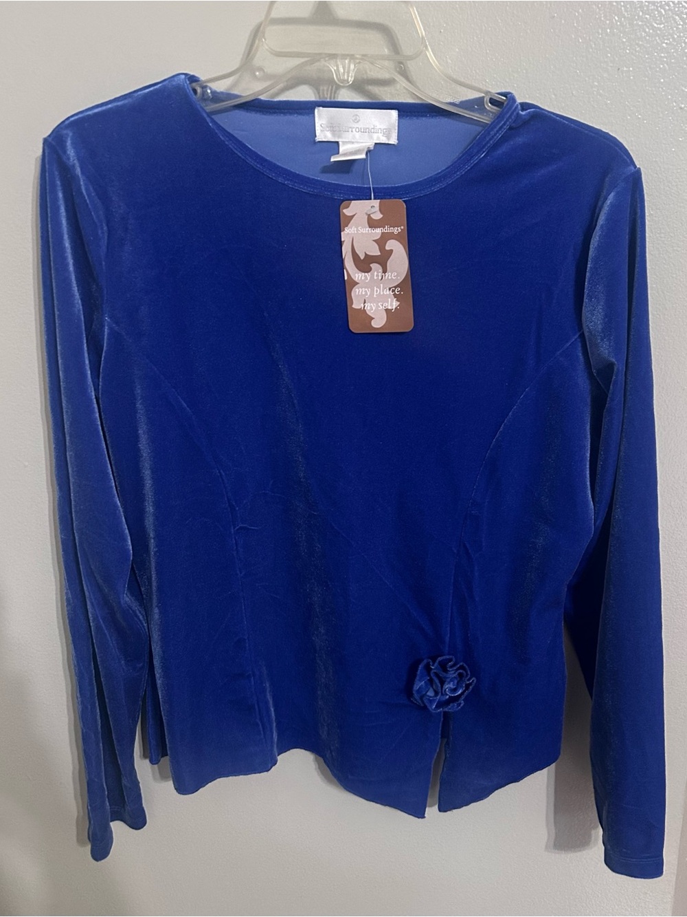 NWT Soft Surroundings Royal Blue Velvet 3D Flower Design Large Tunic Long Sleeve